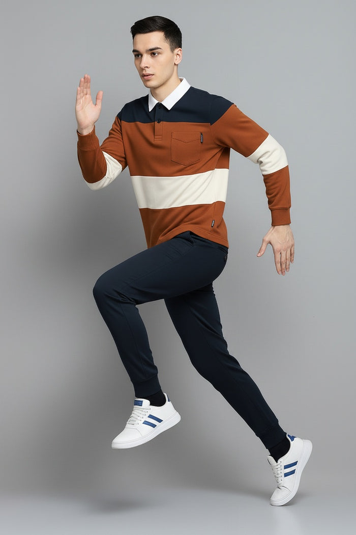 Men Brown Out Striped Polo Collar Pockets T-shirt