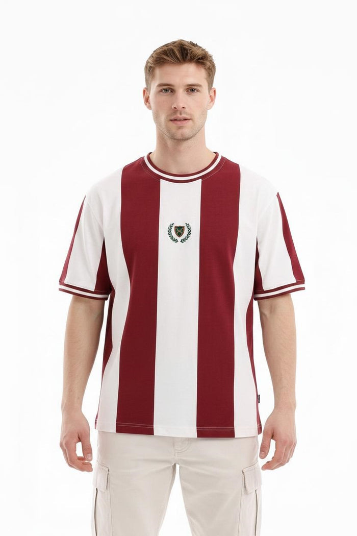 Men  Burnt Brick Striped Monochrome T-shirt