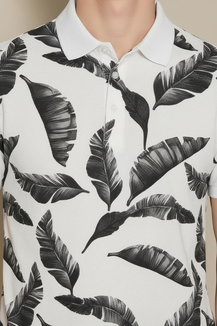 Men Charcoal Floral Printed Polo Collar Tropical T-shirt