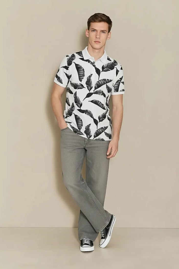 Men Charcoal Floral Printed Polo Collar Tropical T-shirt