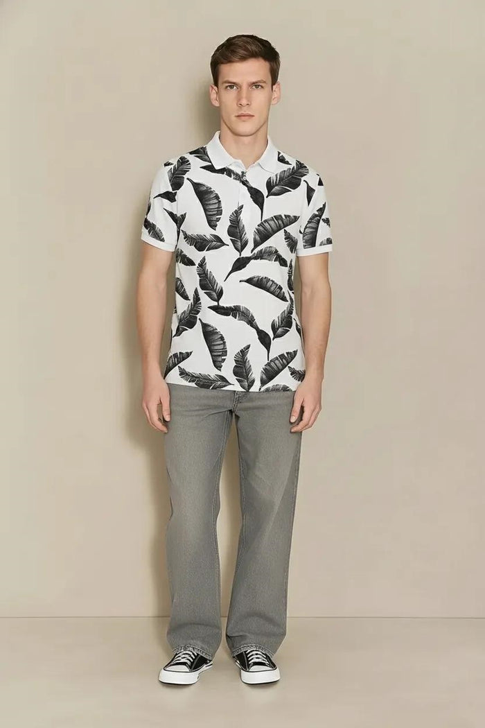 Men Charcoal Floral Printed Polo Collar Tropical T-shirt