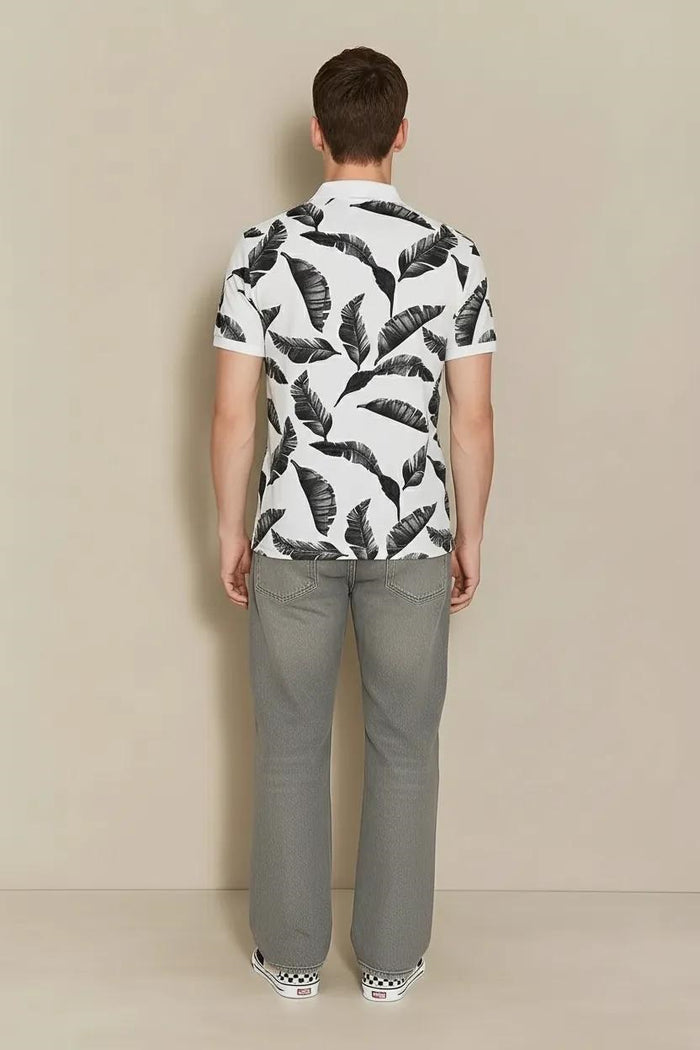 Men Charcoal Floral Printed Polo Collar Tropical T-shirt