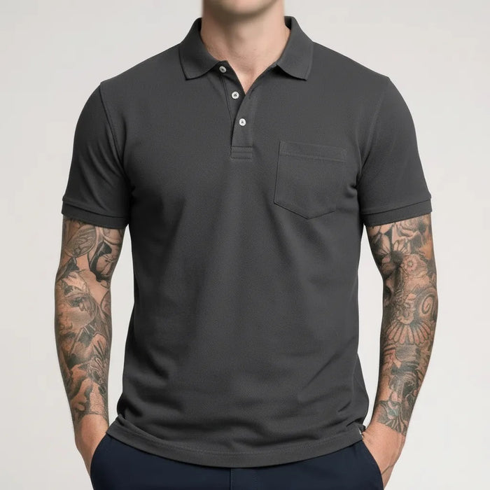 Men Charcoal Polo Collar Pockets T-shirt