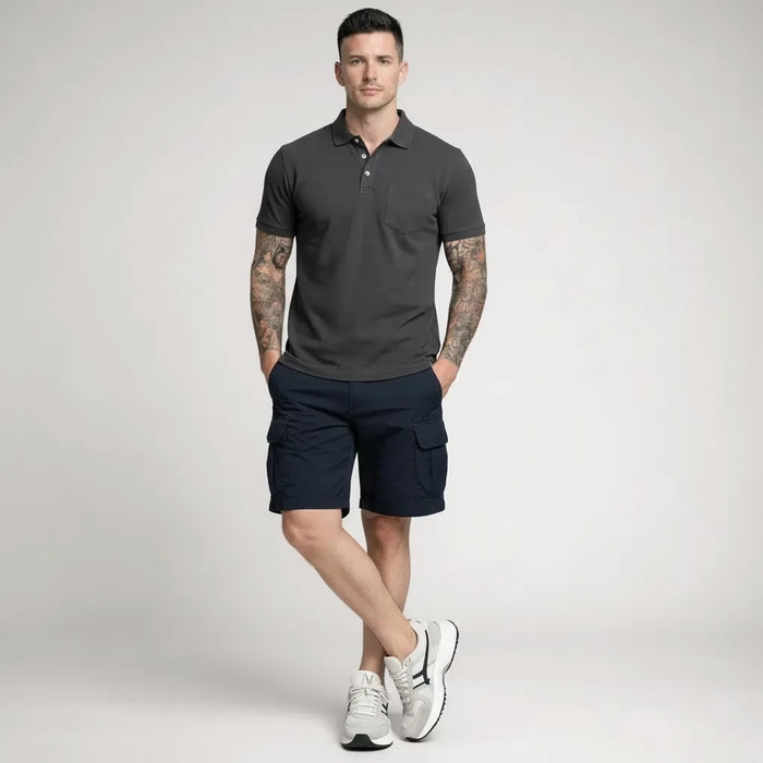 Men Charcoal Polo Collar Pockets T-shirt