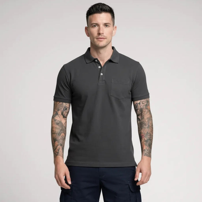 Men Charcoal Polo Collar Pockets T-shirt