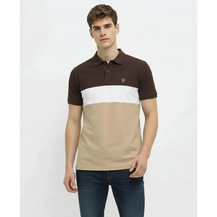Men Coffee Colourblocked Polo Collar Pockets T-shirt