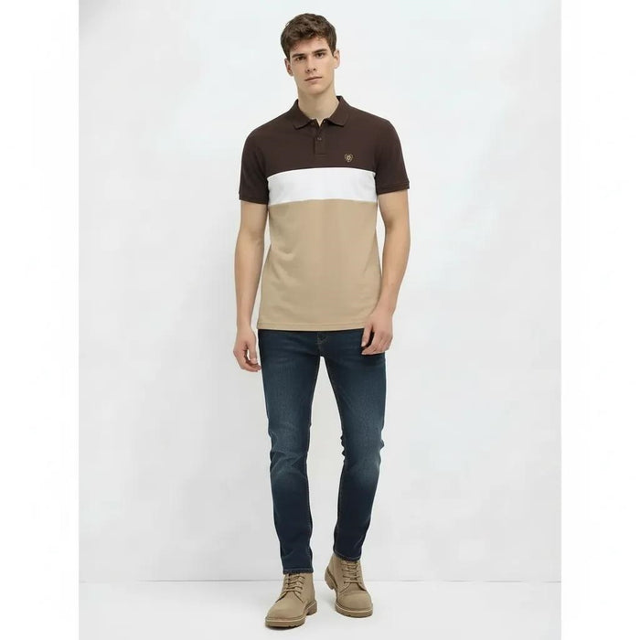 Men Coffee Colourblocked Polo Collar Pockets T-shirt