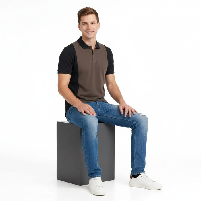 Men Coffee Colourblocked Polo Collar T-shirt