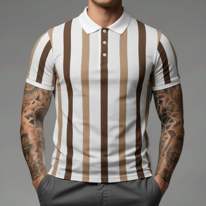 Men Coffee Melange Striped Polo Collar T-shirt