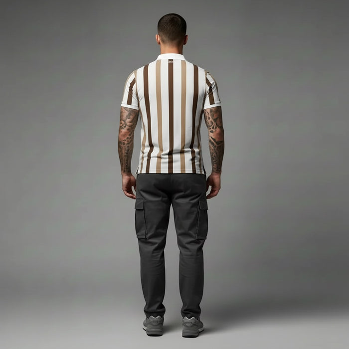 Men Coffee Melange Striped Polo Collar T-shirt