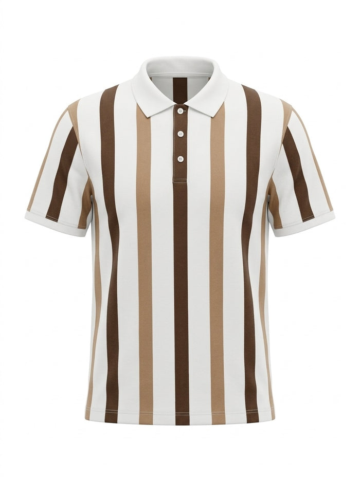 Men Coffee Melange Striped Polo Collar T-shirt