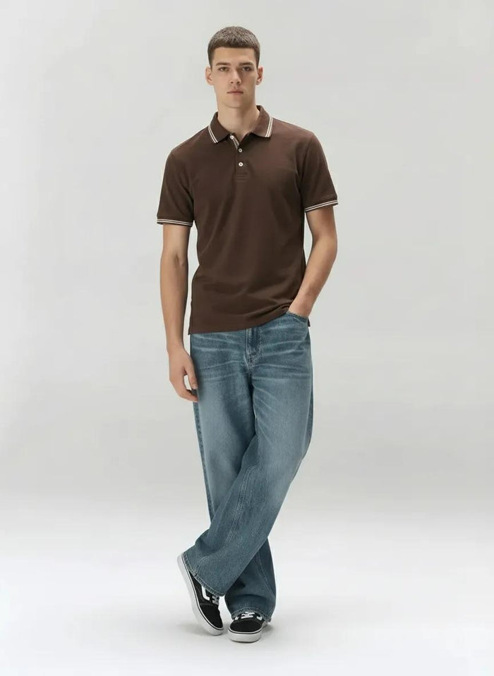 Men Coffee Polo Collar Solid T-shirt