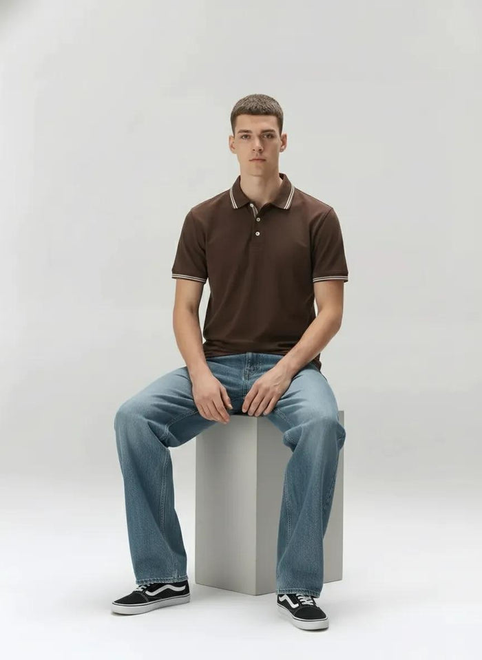 Men Coffee Polo Collar Solid T-shirt