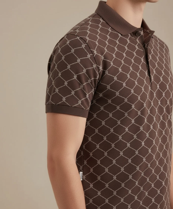 Men Coffee Printed Polo Collar T-shirt