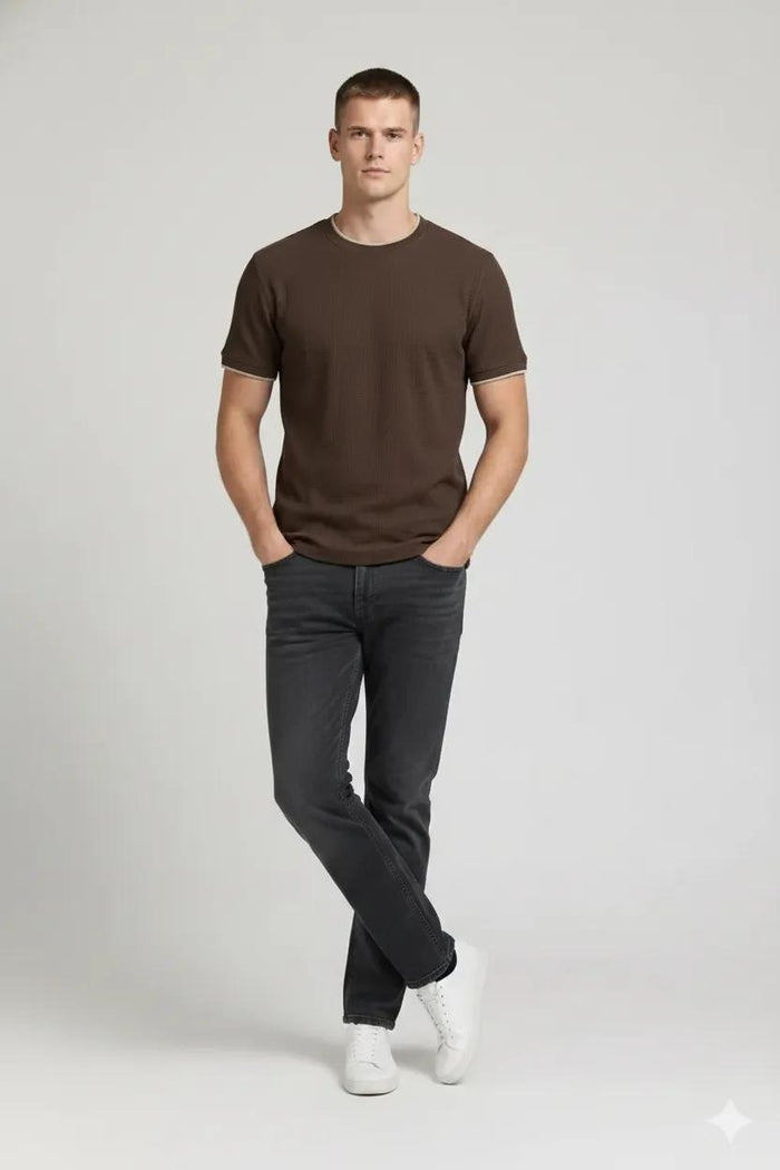 Men Coffee Solid Round Neck T-shirt