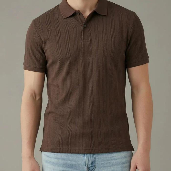 Men Coffee Striped Polo Collar T-shirt