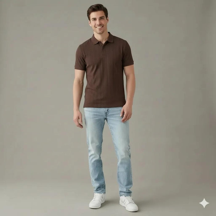 Men Coffee Striped Polo Collar T-shirt