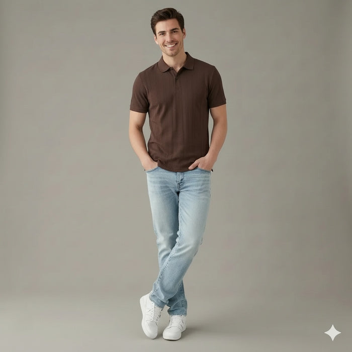 Men Coffee Striped Polo Collar T-shirt
