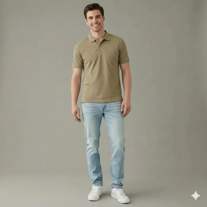 Men Cold Coffee Polo Collar Pockets T-shirt