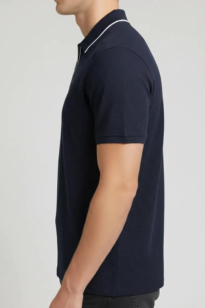 Men Dark Navy Polo Collar Solid T-shirt