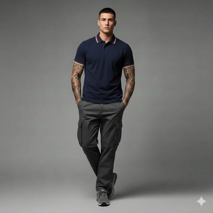 Men Dark Navy Sold Polo Collar T-shirt