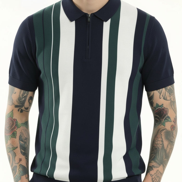 Men Dark Navy Striped Polo Collar T-shirt