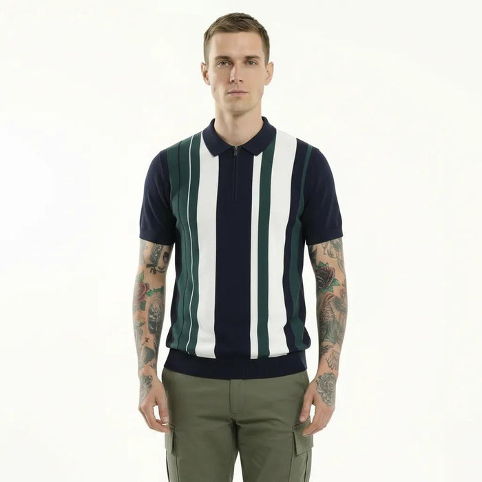 Men Dark Navy Striped Polo Collar T-shirt
