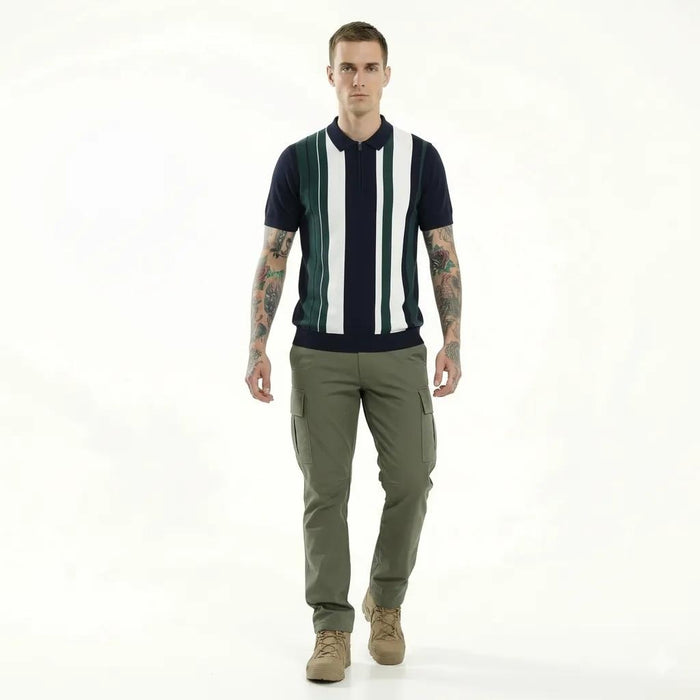 Men Dark Navy Striped Polo Collar T-shirt