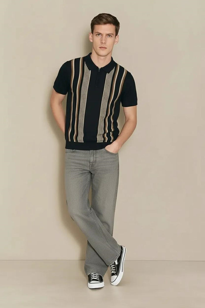 Men Dark Navy Striped Polo Collar T-shirt