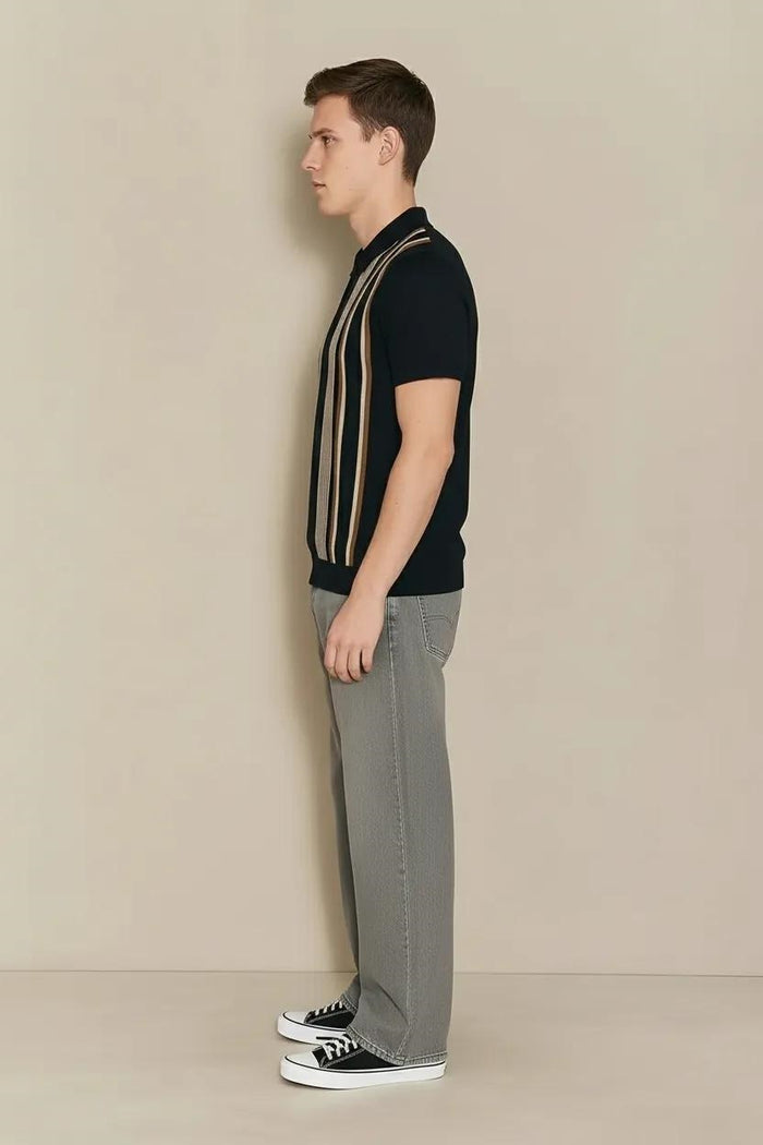Men Dark Navy Striped Polo Collar T-shirt
