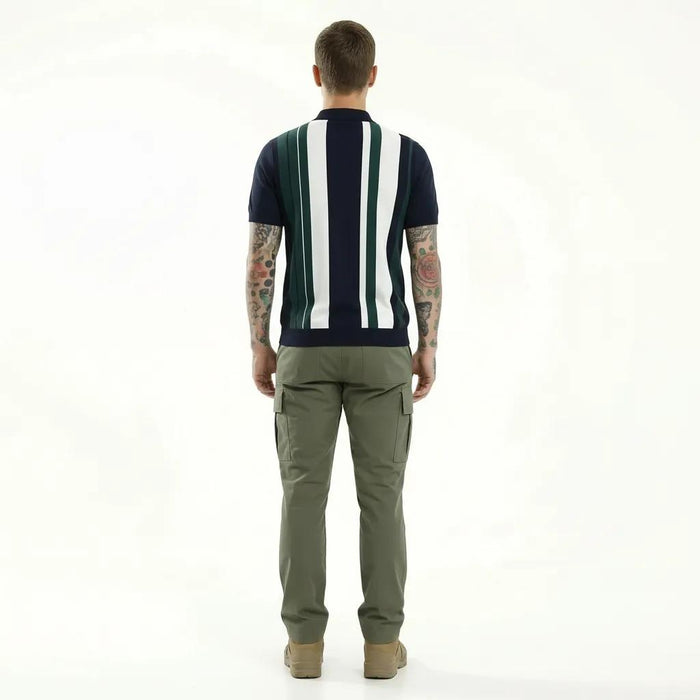 Men Dark Navy Striped Polo Collar T-shirt