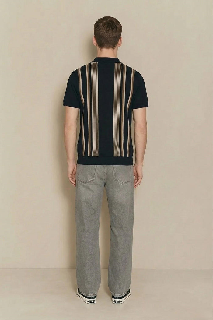 Men Dark Navy Striped Polo Collar T-shirt