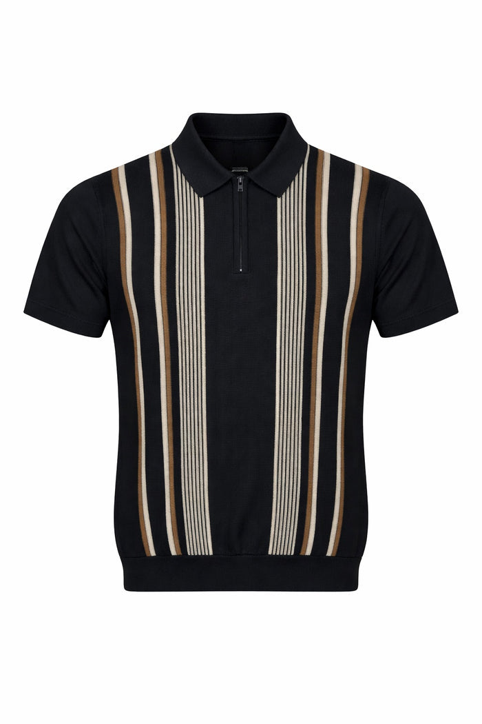 Men Dark Navy Striped Polo Collar T-shirt
