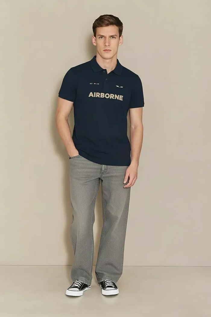 Men Dark Navy Typography Printed Polo Collar T-shirt