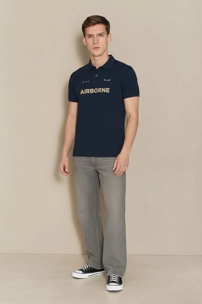 Men Dark Navy Typography Printed Polo Collar T-shirt