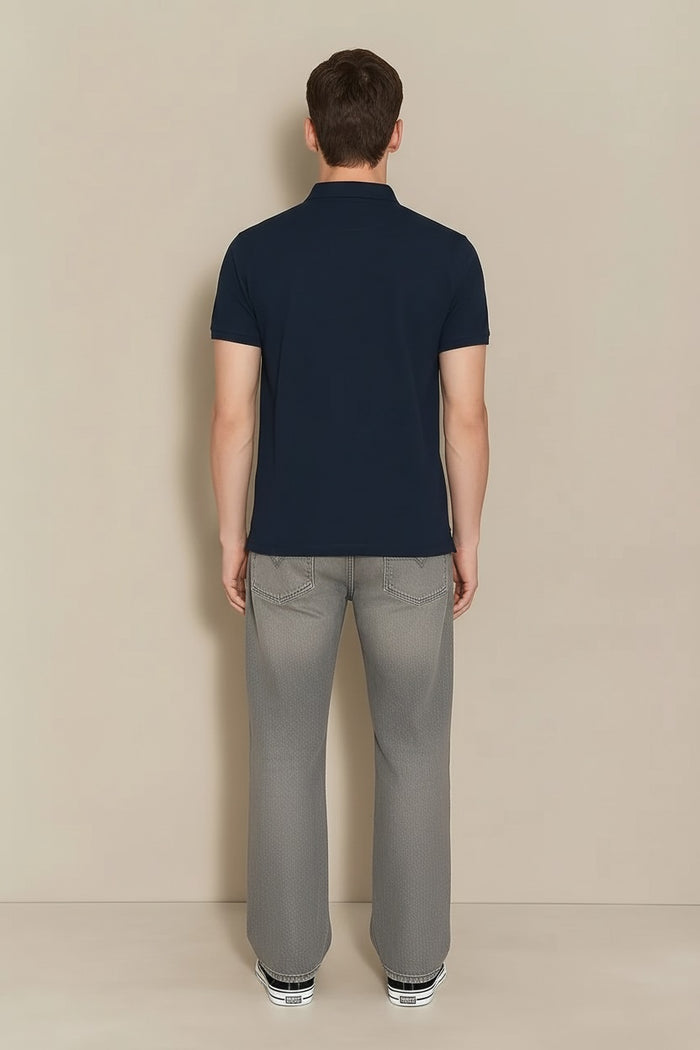 Men Dark Navy Typography Printed Polo Collar T-shirt