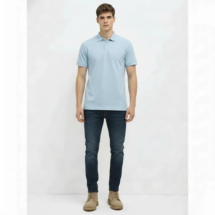 Men Delicate Blue Polo Collar Self Design T-shirt