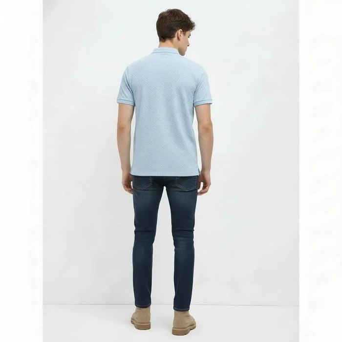 Men Delicate Blue Polo Collar Self Design T-shirt