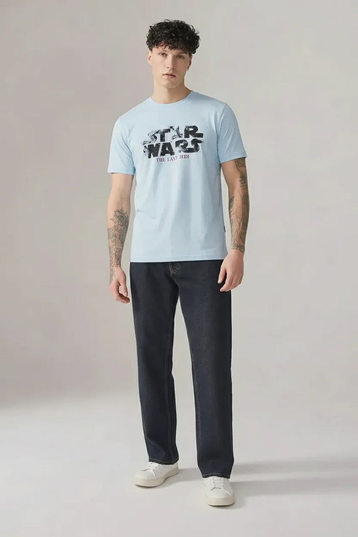 Men Delicate Blue Star Wars Printed T-shirt
