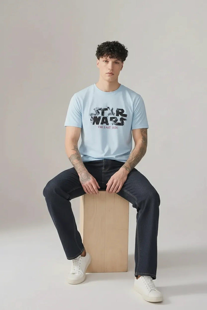 Men Delicate Blue Star Wars Printed T-shirt