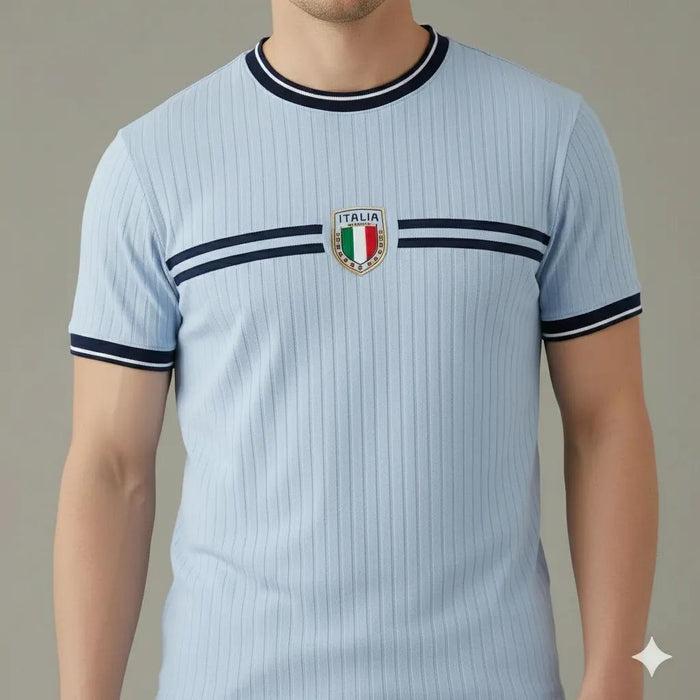 Men Delicate Blue Striped Round Neck T-shirt