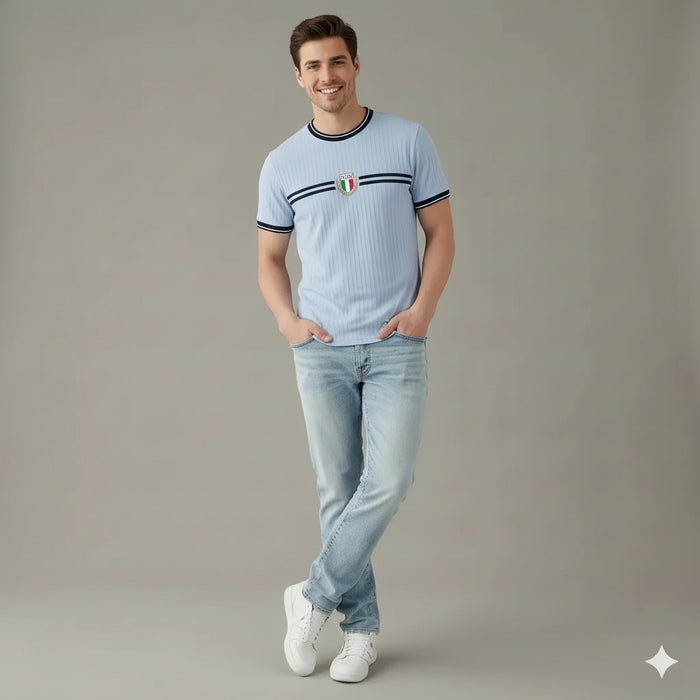 Men Delicate Blue Striped Round Neck T-shirt