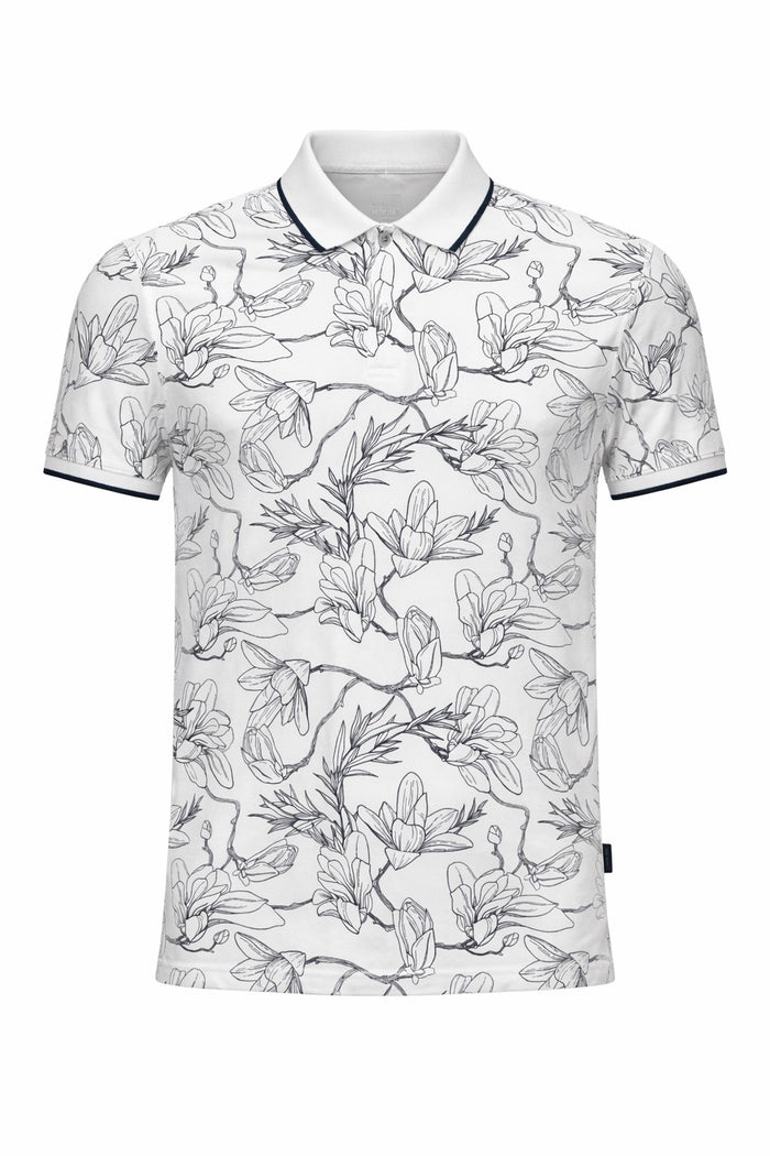 Men Denim Floral Printed Polo Collar Tropical T-shirt