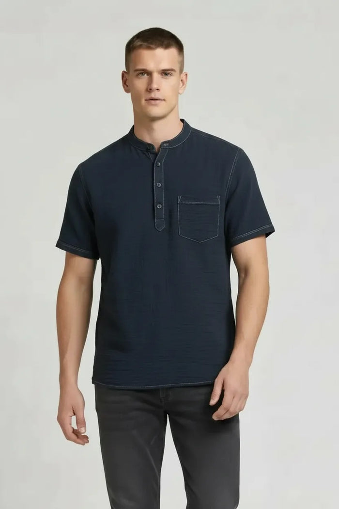 Men Denim Mandarin Collar Pockets T-shirt
