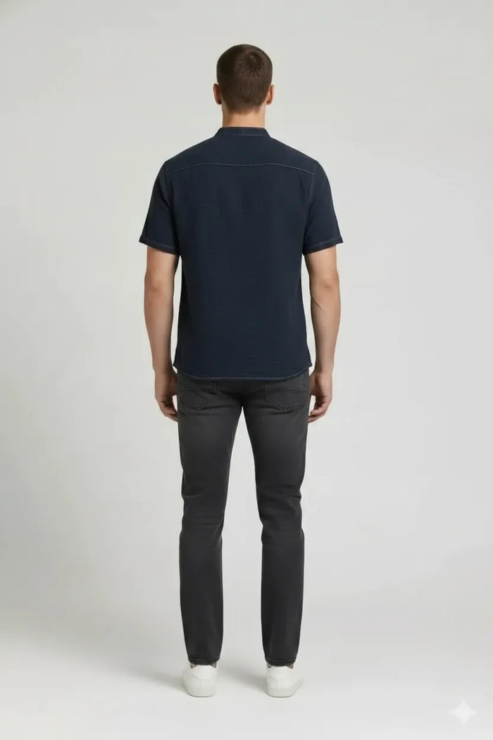 Men Denim Mandarin Collar Pockets T-shirt
