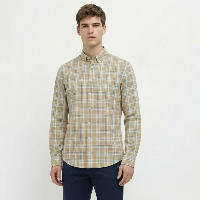 Men Dusty Mustard Tartan Checked Button-Down Collar Cotton Casual Shirt