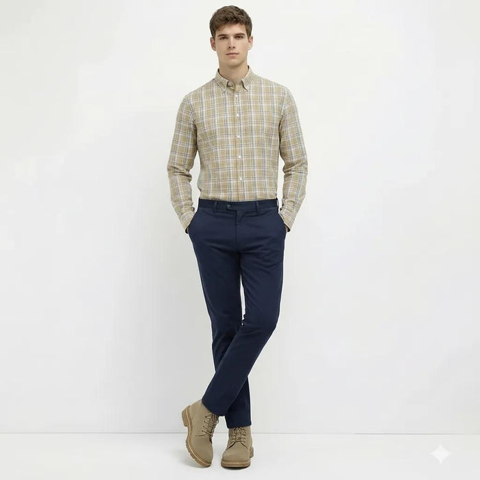 Men Dusty Mustard Tartan Checked Button-Down Collar Cotton Casual Shirt
