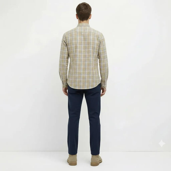 Men Dusty Mustard Tartan Checked Button-Down Collar Cotton Casual Shirt
