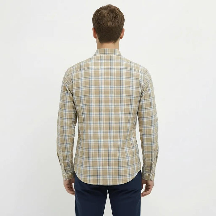 Men Dusty Mustard Tartan Checked Button-Down Collar Cotton Casual Shirt