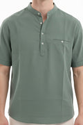 Men Fern Mandarin Collar Pockets T-shirt
